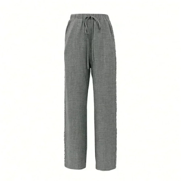 Dark Grey Casual Women's Drawstring Side Splicing Lace Trim Wide Leg Pants - Picture 4 of 4